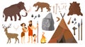 Vector illustration of stone age people with elements for life, hunting tools. Primitive Neanderthal people family - man