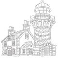 Vector illustration of a stone lighthouse and keeper s house isolated on white background Royalty Free Stock Photo