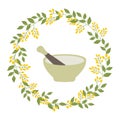 Vector illustration of stone mortal and pestle in botanical herbal wreath with yellow berries. Alternative medicine ayurveda