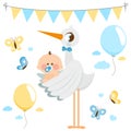 Stork delivering a new baby boy. Vector illustration Royalty Free Stock Photo