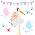 Stork delivering a new baby girl. Vector illustration Royalty Free Stock Photo