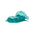 Vector illustration of stormy sea wave with foam. Blue ocean water. Marine theme. Element for poster of surfing