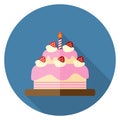 Vector illustration of strawberry birthday cake icon flat design on blue background in round shape. Cake for birthday celebration