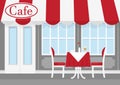 Vector illustration of street cafe with red and white striped awning, with table, chairs, and coffee. Cafe of restaurant Royalty Free Stock Photo