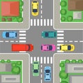 Vector illustration of street crossing in city. street top view with cars and roads, houses and trees. Crossroad concept Royalty Free Stock Photo