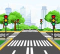 Vector illustration of streets crossing in modern city, city crossroad with traffic lights, markings, trees and sidewalk