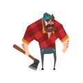 Strong bearded woodcutter character with axe in his hand. Cheerful lumberjack man wearing red checkered shirt, blue