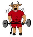 Vector illustration, strong ferocious bull performs an exercise with a barbell