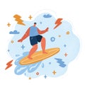 Vector illustration of Strong young surf man ride with a surfboard on wave. Royalty Free Stock Photo