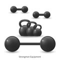 Illustration of strongman`s equipment - kettlebell, dumbbell and barbell.