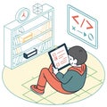Vector illustration of student practicing coding on tablet in study room with bookshelf and programming symbols, representing e- Royalty Free Stock Photo