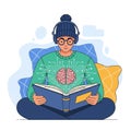 Vector illustration of student reading book with brain and digital connection concept Royalty Free Stock Photo