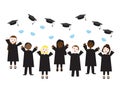 Vector illustration of students throwing their graduation hats and face masks in the air