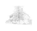 Vector illustration with style mansion, big tree in front of it, country estate. Historic building, location for your