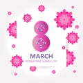 Vector illustration of stylish 8 march womens day with text sign and flowers for greeting card, banner, gift packaging