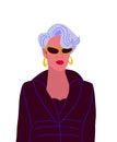 Vector illustration of stylish old woman wearing dark clothes and stylish eyeglasses. Fashion influencer old woman. Gray