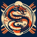 Vector illustration of a stylized Chinese dragon in a circle on a blue background. AI generated