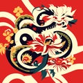 Vector illustration of a stylized Chinese dragon on a red background. generative AI