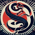 Vector illustration of a stylized image of a Japanese dragon on a red background. Generative AI