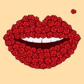 Vector illustration of stylized lips of red roses with a mole in. Lips of roses. Flower lips