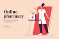 Vector illustration on the subject of online pharmacy, medicines ordering via smartphone. Editable stroke