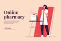 Vector illustration on the subject of online pharmacy, medicines ordering via smartphone. Editable stroke