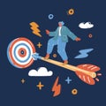 Vector illustration of succes Woman rushes on arrow to target over dark backround.