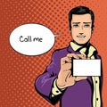 Vector illustration of successful businessman shows visit card in vintage pop art comics style. Likes and positive feel