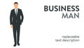 Vector illustration of a successful man in a suit standing with hand in the pocket. Poster with text placeholder and