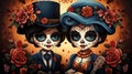 Vector illustration of sugar skull girl and boy in costumes for party Royalty Free Stock Photo