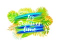 Vector illustration of Summer on the background of a brush stroke, blotches. It's summer time lettering. Template design