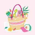 Vector illustration of summer bag with beachwear and sunprotection inside