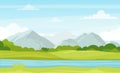 Vector illustration of summer landscape with mountains and river. Beautiful mountains view in cartoon flat style, good Royalty Free Stock Photo