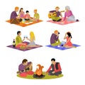 Vector illustration of summer recreation. Family picnic and camping in a park flat icons