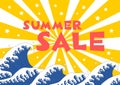 Vector Illustration Of Summer Sale. Japanese Style Wave. Yellow Radial Background.