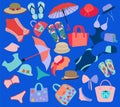 Umbrella, swimwear, hats, flip flops and beach bags