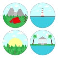 Vector illustration of summer vacation for campers, outdoor activity symbol. Set of four circle shape, Isolated.