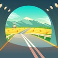 Vector illustration of village landscape, view from exit of road tunnel. Farm with mill, wheat field with sky, mountain Royalty Free Stock Photo