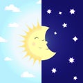 Vector illustration with sun and moon on day and night sky.