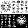 Vector illustration: the sun with a woman`s human face, a set of space esoteric icons. Royalty Free Stock Photo
