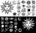 Vector illustration: the sun with a woman`s human face, a set of space industrial icons. Royalty Free Stock Photo