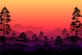 Sunset in the forest view with tree, hill, mountain and red sky