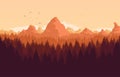 Vector illustration of a sunset landscape with rocks, fir forest, birds Royalty Free Stock Photo