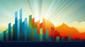 Vector illustration of a sunset over the city with a bar graph. Royalty Free Stock Photo