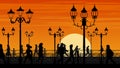 Vector illustration of sunset seafront street with people.