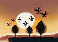 Vector illustration of a sunset with silhouettes of trees and flying birds. Generative AI Royalty Free Stock Photo