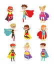 Vector illustration of super hero children. Kids in superhero costumes, super powers, kids dressed in masks. Collection Royalty Free Stock Photo