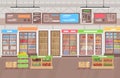 Vector illustration of supermarket interior. Big shop super market with lot of goods, fruits and vegetables. Shopping