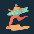 Vector illustration of surfer woman girl with surf boad running over dark backround.