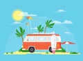 Vector illustration of surfing bus with a surfing board on palm beach. Tourism, summertime concept. Travel trailer in